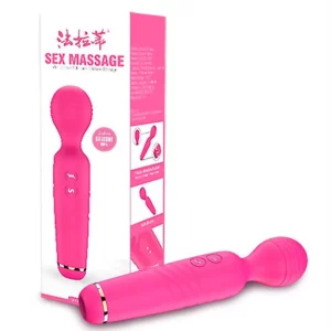 Caixa branca com vibrador cor de rosa.