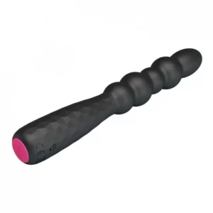 Massageador em formato cilíndrico e preto.