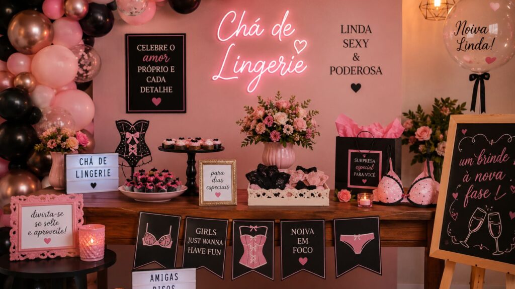 decoração de chá de lingerie rosa e preta
