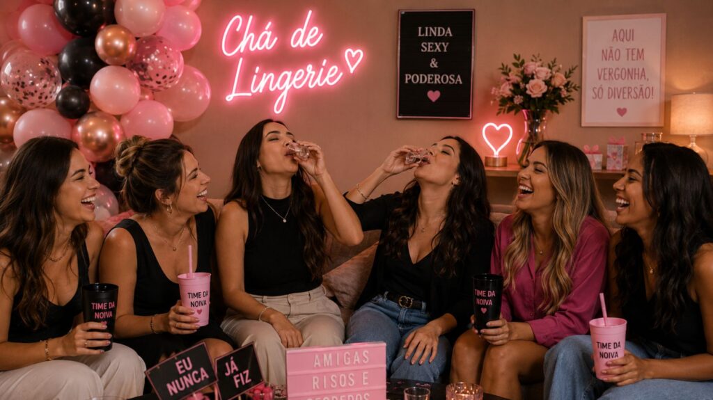 amigas em chá de lingerie brincando de eu nunca