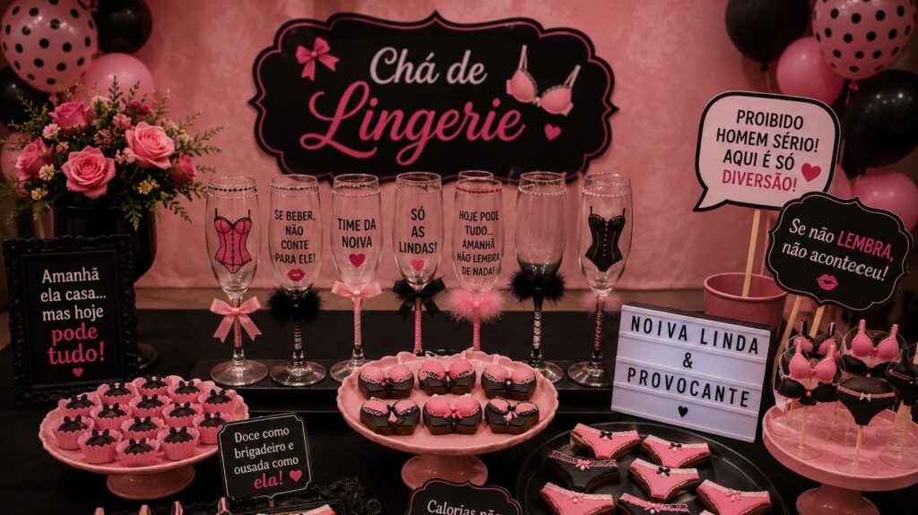 mesa de chá de lingerie com taças, plaquinhas divertidas e doces em formato de sutiã e calcinha