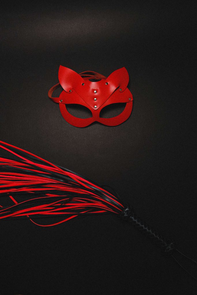 Máscara temática e chicote vermelhos, em um fundo preto.
