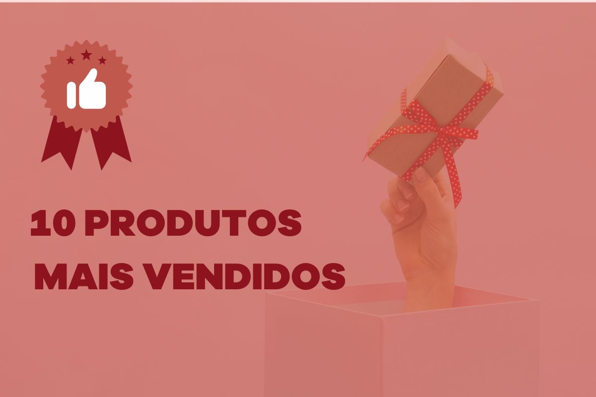 imagem com uma mão segurando uma caixa e a frase "10 produtos mais vendidos"