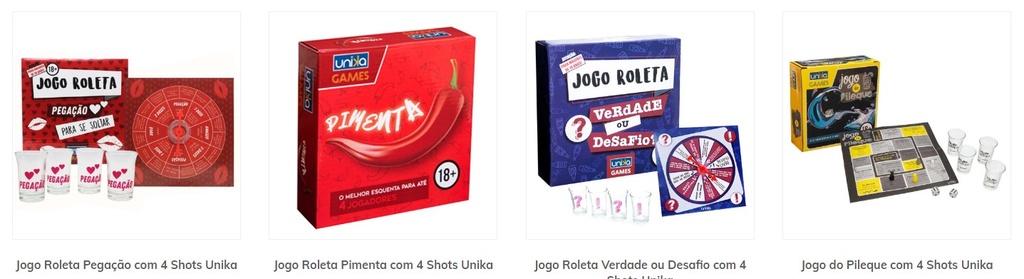 Conjunto de jogos sensuais, um ao lado outro, com suas descrições e nomes em baixo.