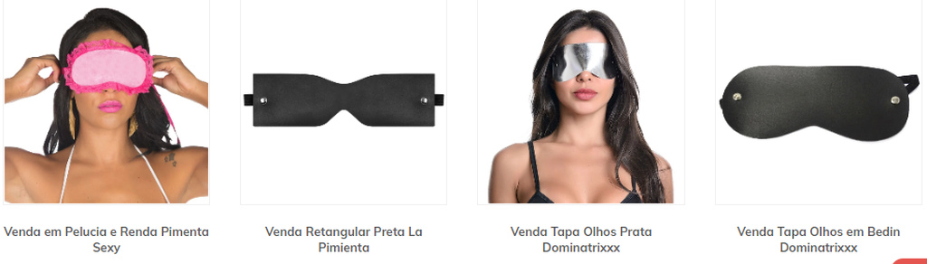 Diferentes tipos de vendas para BDSM, duas delas sendo experimentadas por modelos. Todas com descrições em baixo.