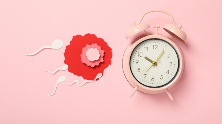 Imagem com fundo rosa, relógio e desenho que representa o que é o período fértil.