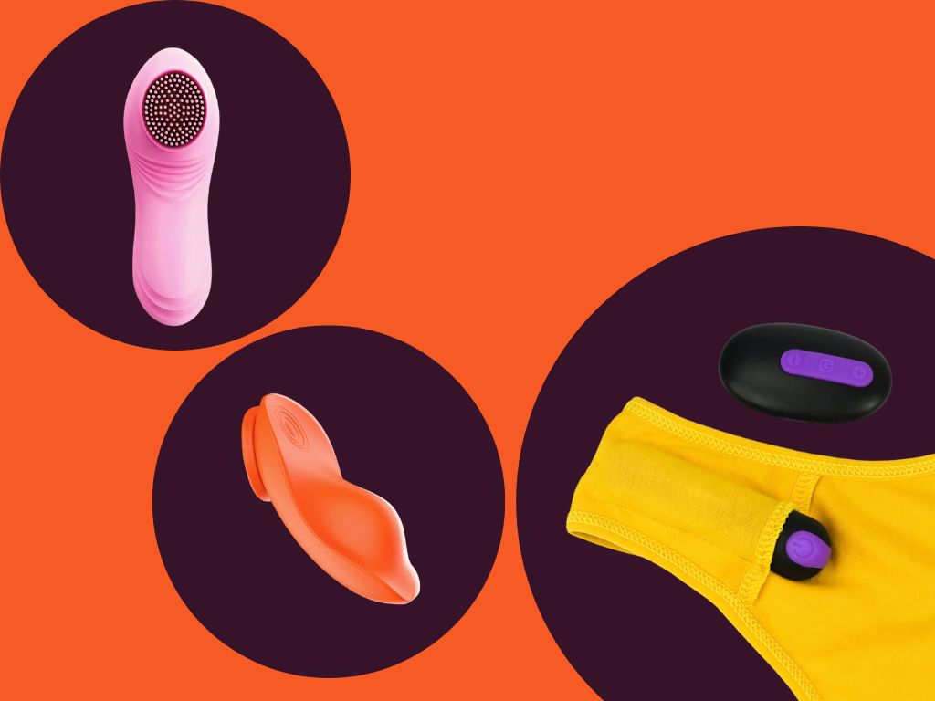 tres calcinhas vibratorias nas cores rosa, laranja e amarelo