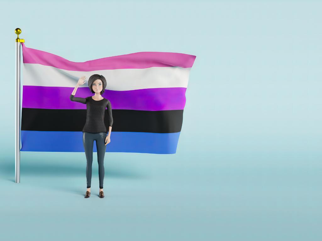 boneca em frente a bandeira de gênero fluído