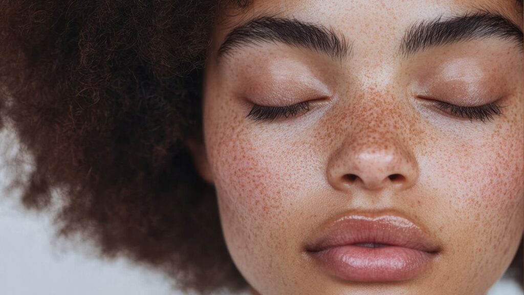 mulher com olhos fechados com sardas