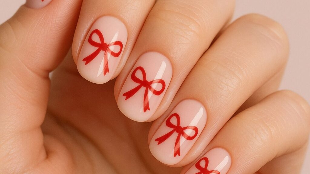 unha para o natal com laços vermelhos