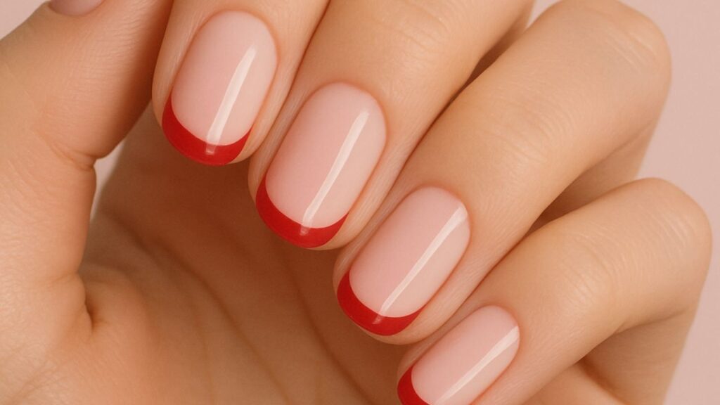 unhas rosa claro com francesinha vermelha