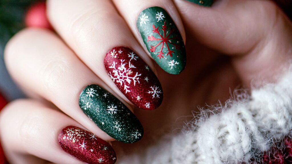 unhas com flocos de neve vermelha e verde