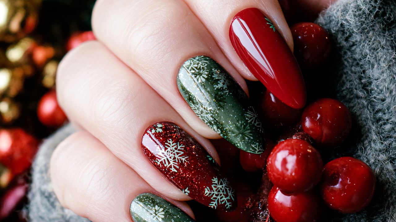 unhas para o natal verde e vermelha