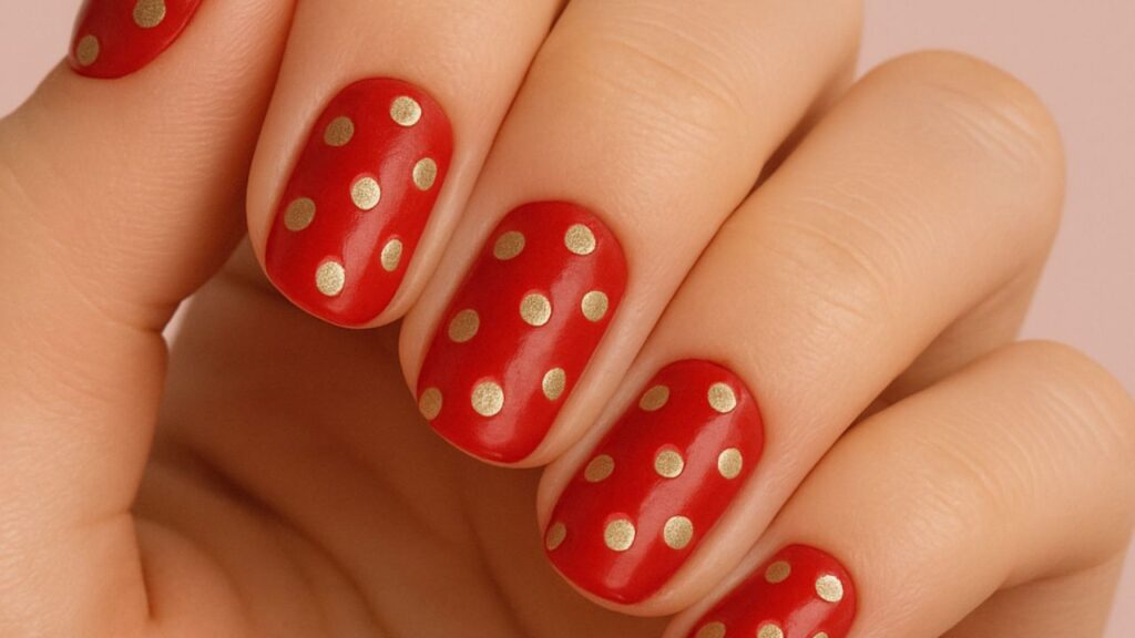 unhas de natal vermelhas com bolinhas douradas