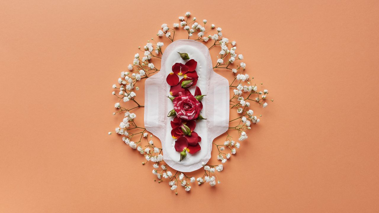 absorvente com flores representando menstruação em pedaços