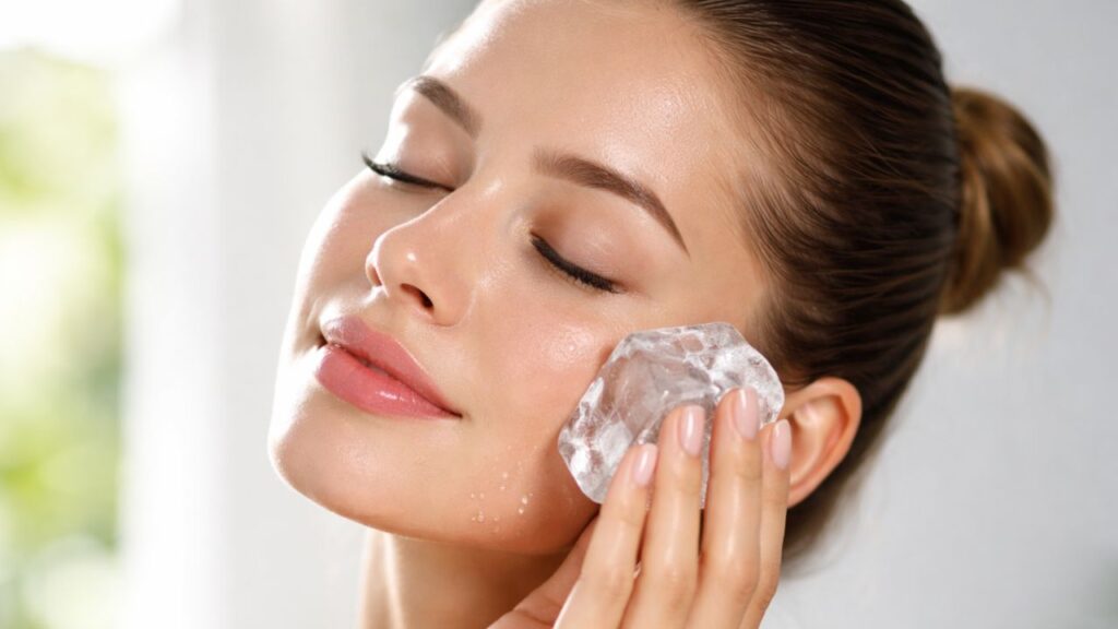 mulher de olhos fechados e coque passando pedra de gelo no rosto