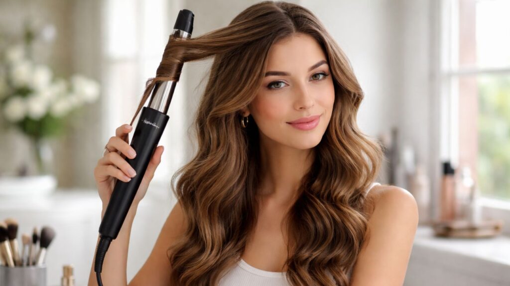 mulher enrolando cabelo no babyliss