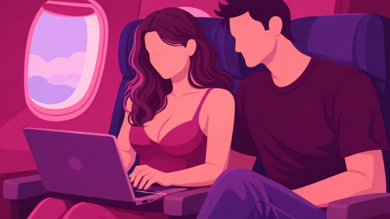 ilustração de casal no avião com mulher com notebook no colo