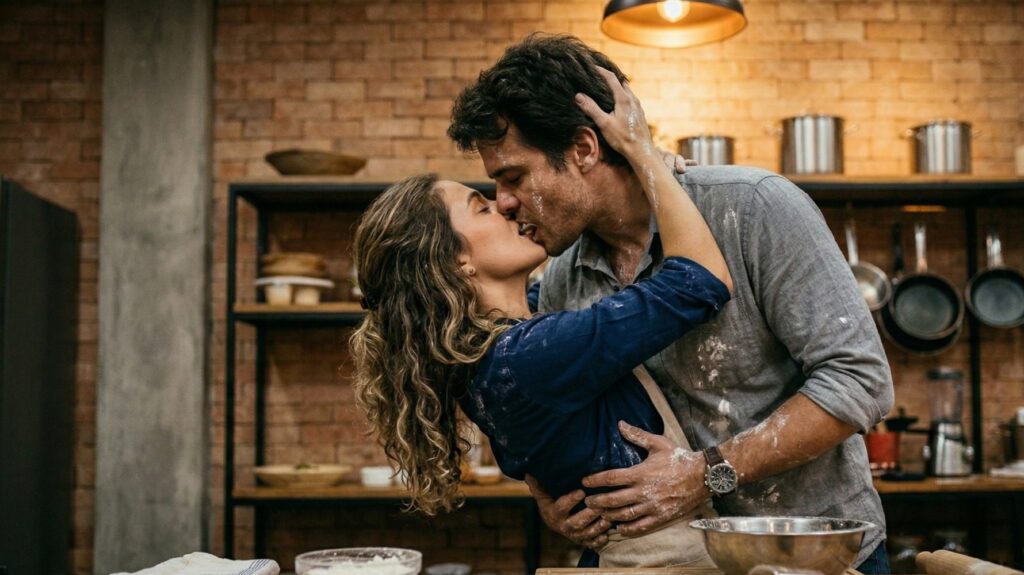 casal se beijando na aula de culinária