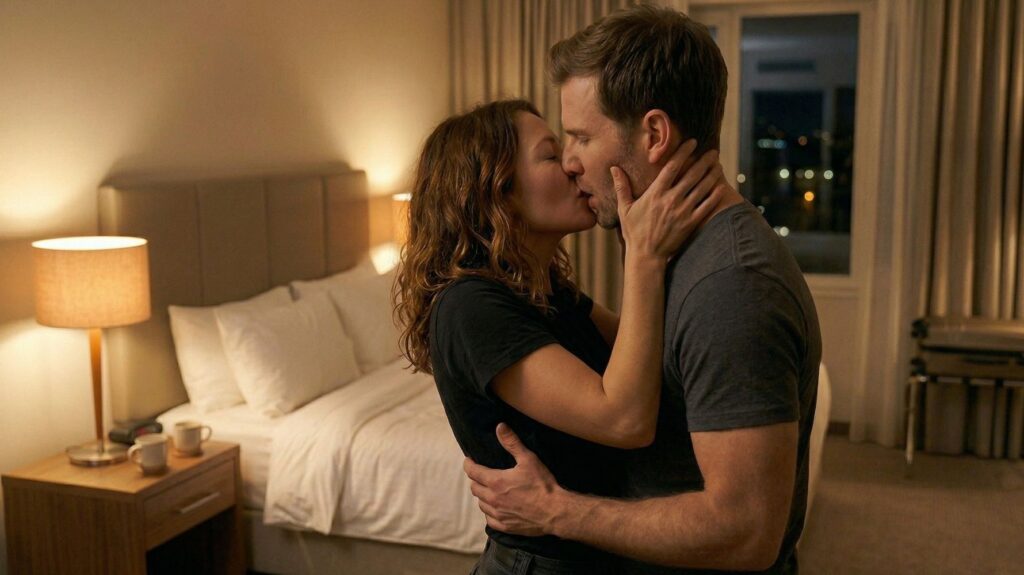 casal se beijando em quarto de hotel