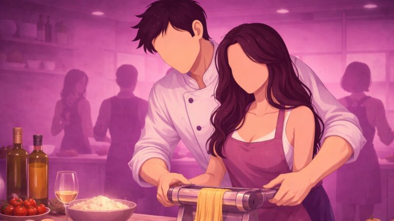 ilustração de conto erótico com homem atrás de mulher e auxiliando passar massa na máquina