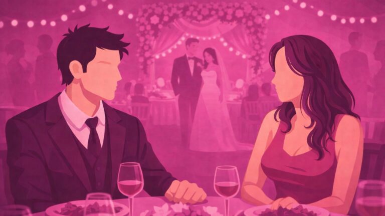 ilustração de conto erótico com uma mulher e um homem sentados jantando em um casamento