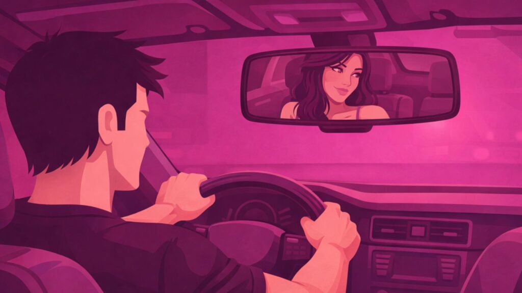 ilustração de conto erótico com homem dirigindo e mulher no retrovisor