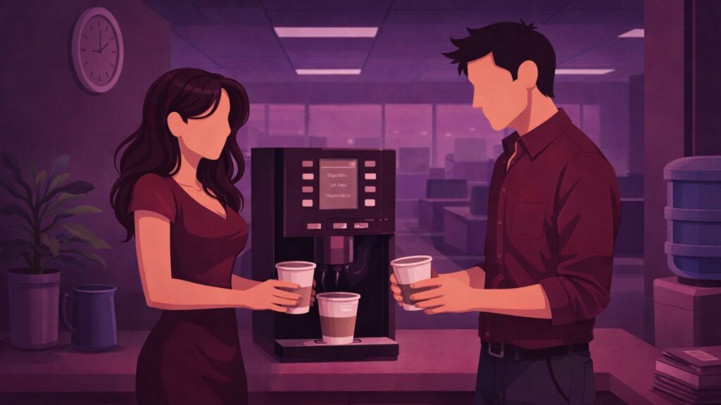 ilustração para conto erótico de uma mulher e um homem pegando café na copa do escritório