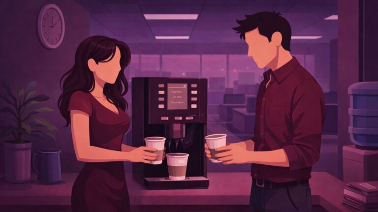 ilustração para conto erótico de uma mulher e um homem pegando café na copa do escritório