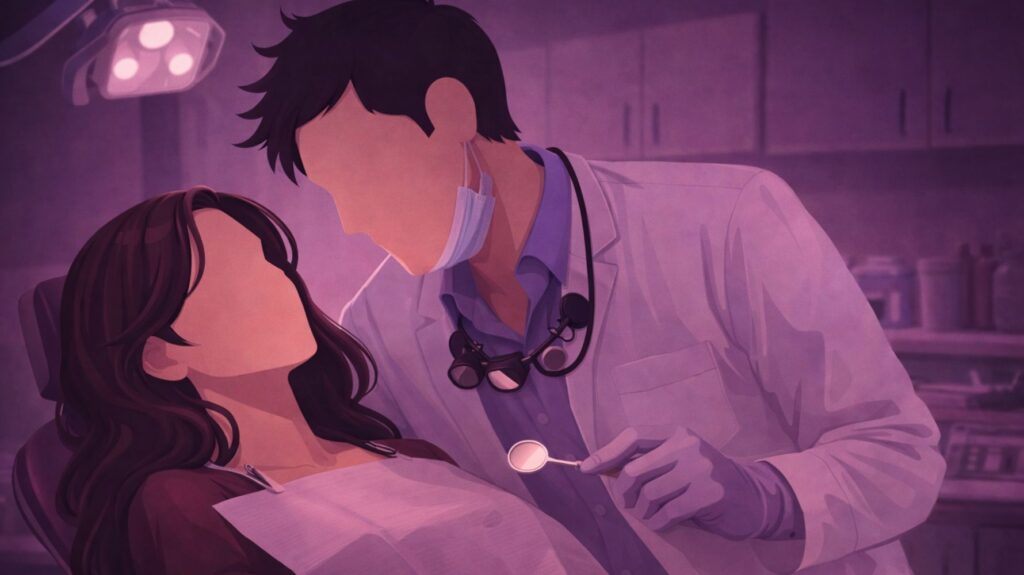 ilustração de conto erótico com um dentista e uma mulher na cadeira de dentista