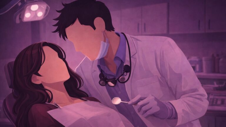 ilustração de conto erótico com um dentista e uma mulher na cadeira de dentista