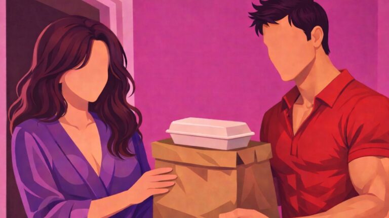 ilustração de mulher recebendo pedido de delivery de robe para ilustrar conto erótico