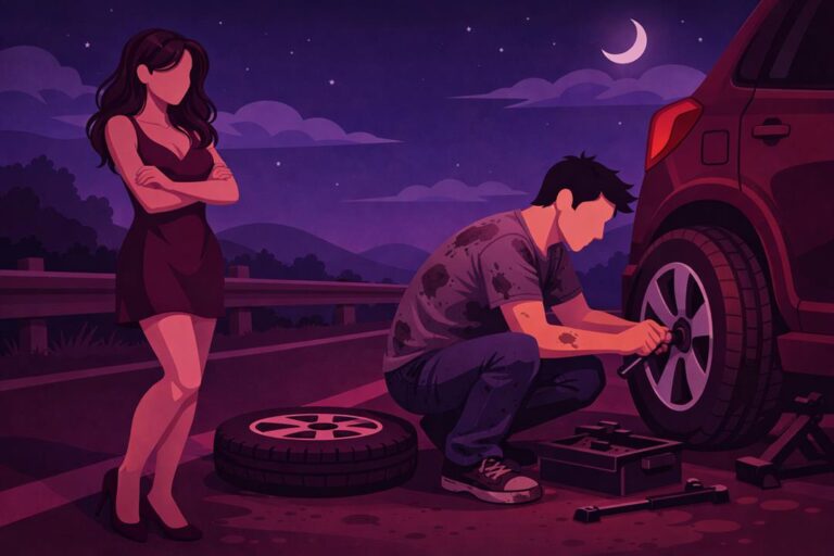 ilustração de conto erótico de mulher de pé de vestido na rodovia e homem trocando pneu