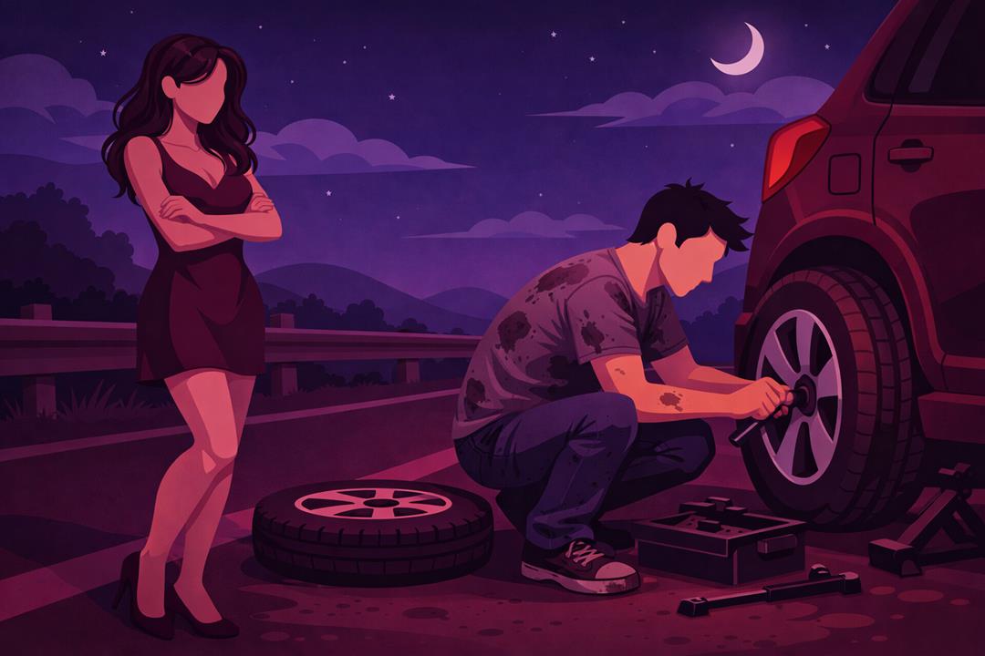 ilustração de conto erótico de mulher de pé de vestido na rodovia e homem trocando pneu