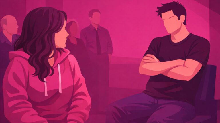 ilustração com uma mulher de moletom e homem com braços cruzados de camiseta preta para ilustrar um conto erótico