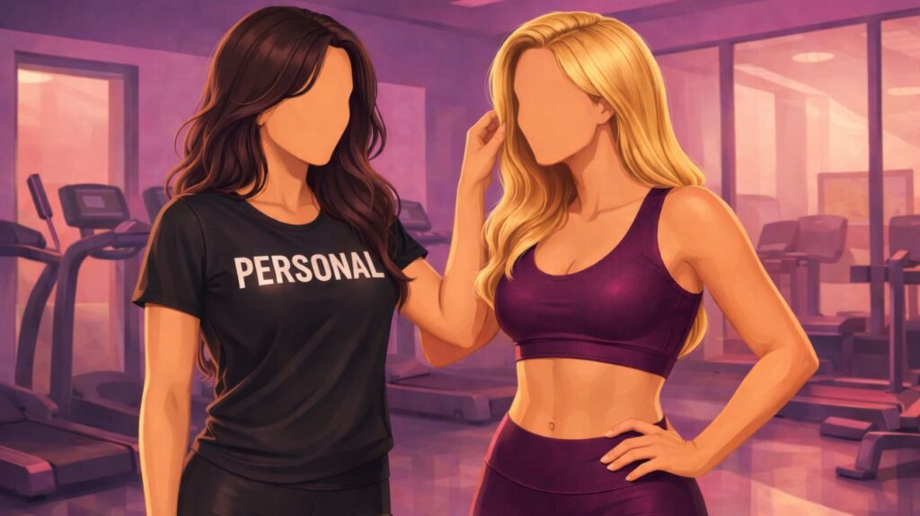 ilustração para um conto erótico de uma personal de preto e uma mulher loira de top e legging roxos em uma sala de ginástica