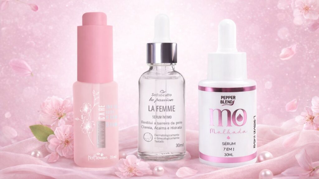 três embalagens de sérum íntimo em fundo rosa com rosas
