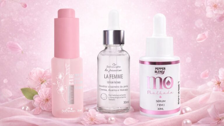 três embalagens de sérum íntimo em fundo rosa com rosas