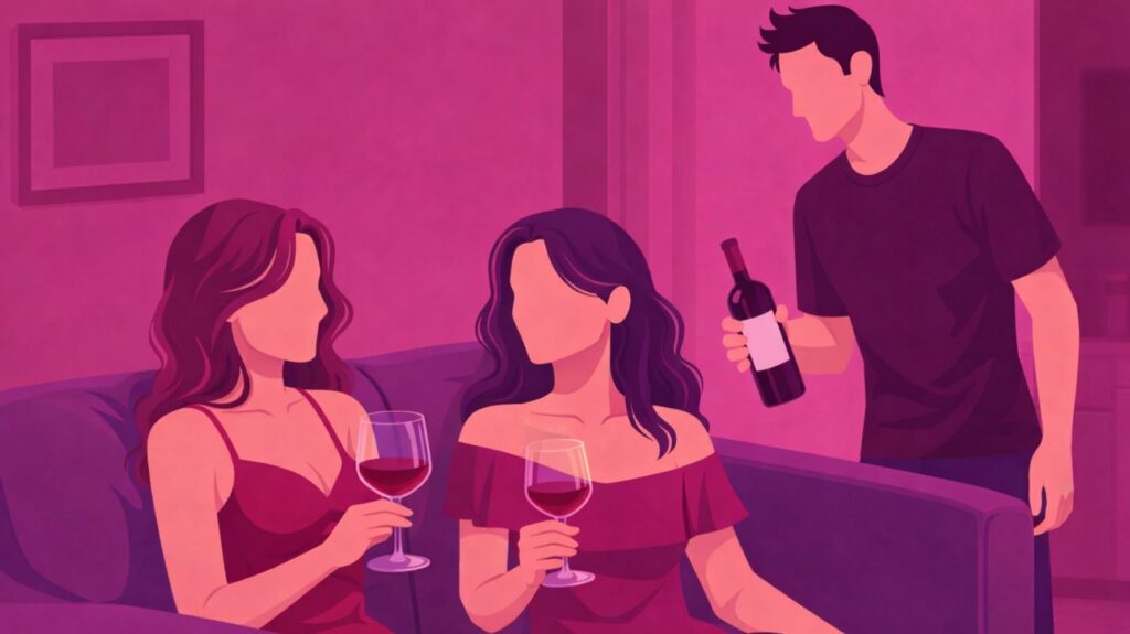 ilustração com duas mulhere sentadas no sofá tomando vinho e um homem de pé com garrafa de vinho para ilustrar um conto erótico