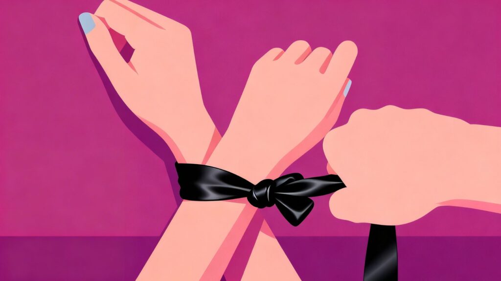 ilustração de braços de mulher amarrados com fita preta para ilustrar um conto erótico