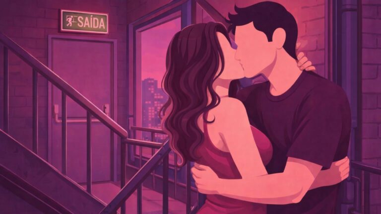 ilustração de casal se beijando na escada da saída de emergência para um conto erótico
