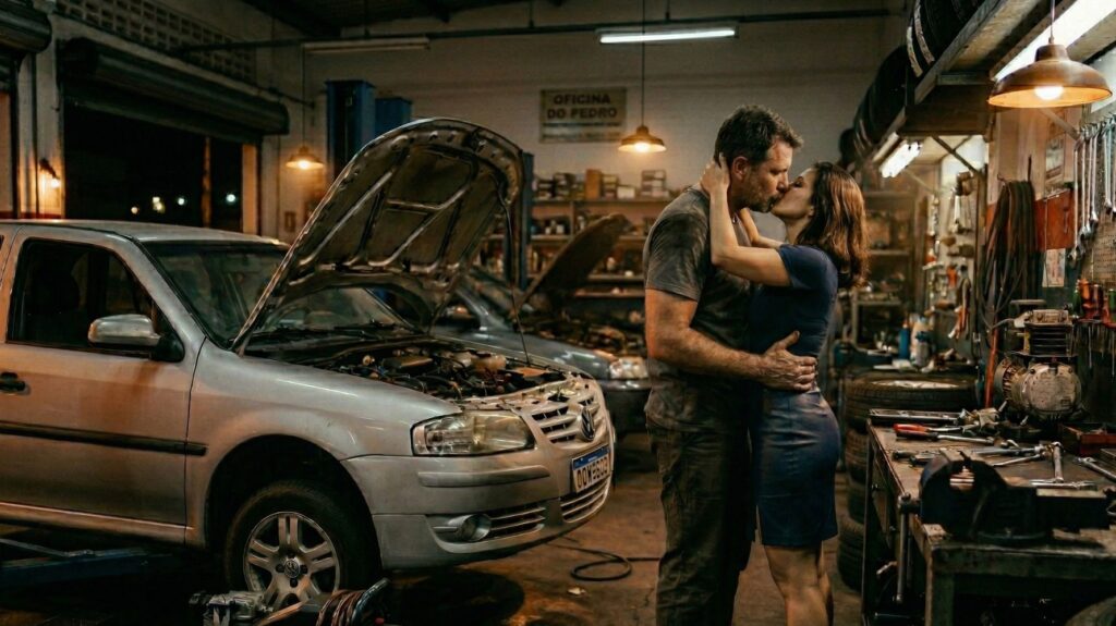 casal se beijando em oficina