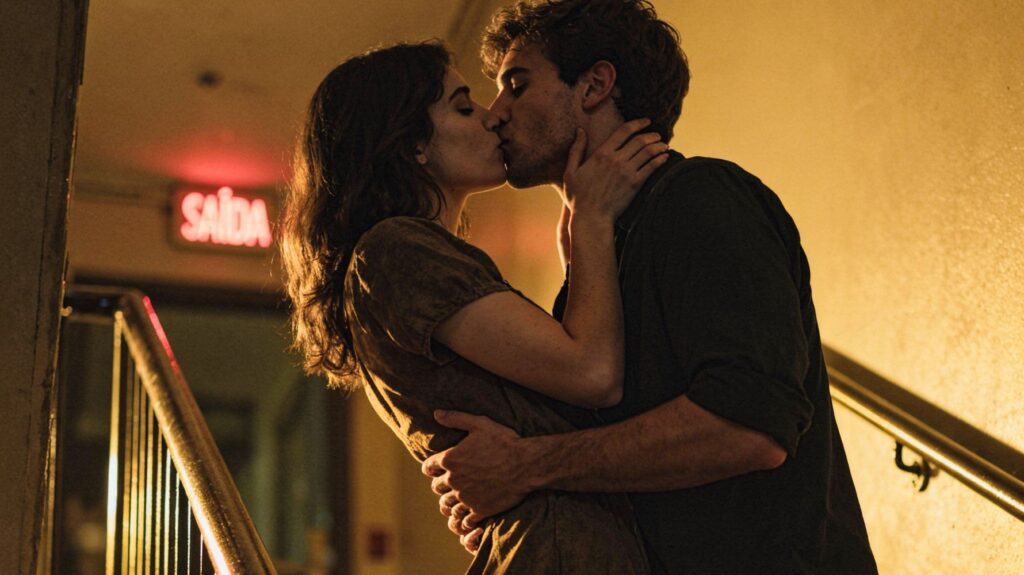 casal se beijando na escada da saída de emergência