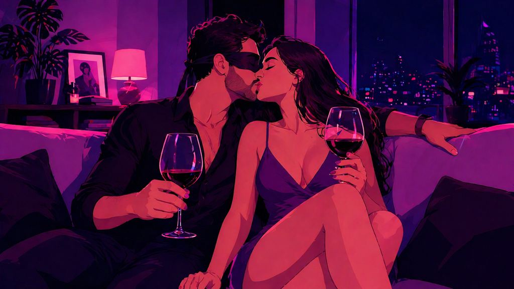 venda nos olhos de casal tomando vinho