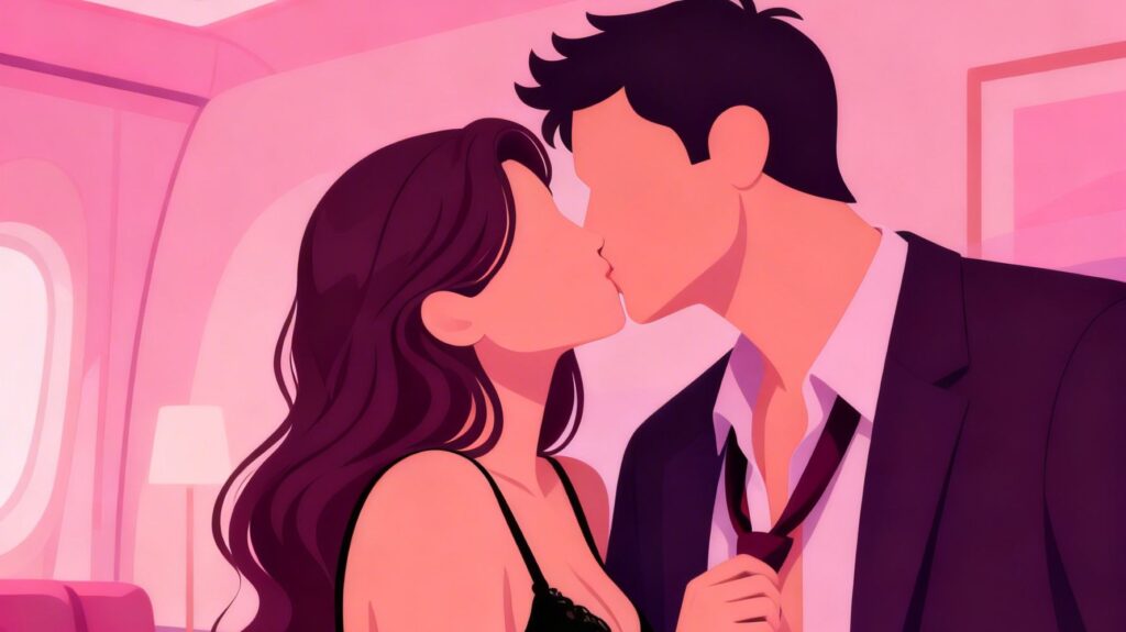 ilustração de um casal se beijando, a mulher de lingerie preta e o homem com roupa social e gravata frouxa para ilustrar um conto erótico