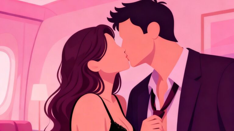 ilustração de um casal se beijando, a mulher de lingerie preta e o homem com roupa social e gravata frouxa para ilustrar um conto erótico