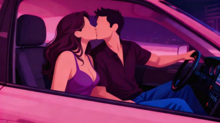 ilustração de casal se beijando dentro de carro para ilustrar um conto erótico