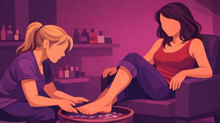 ilustração de uma mulher fazendo as unhas na manicure com um pé na bacia de água para ilustrar um conto erótico