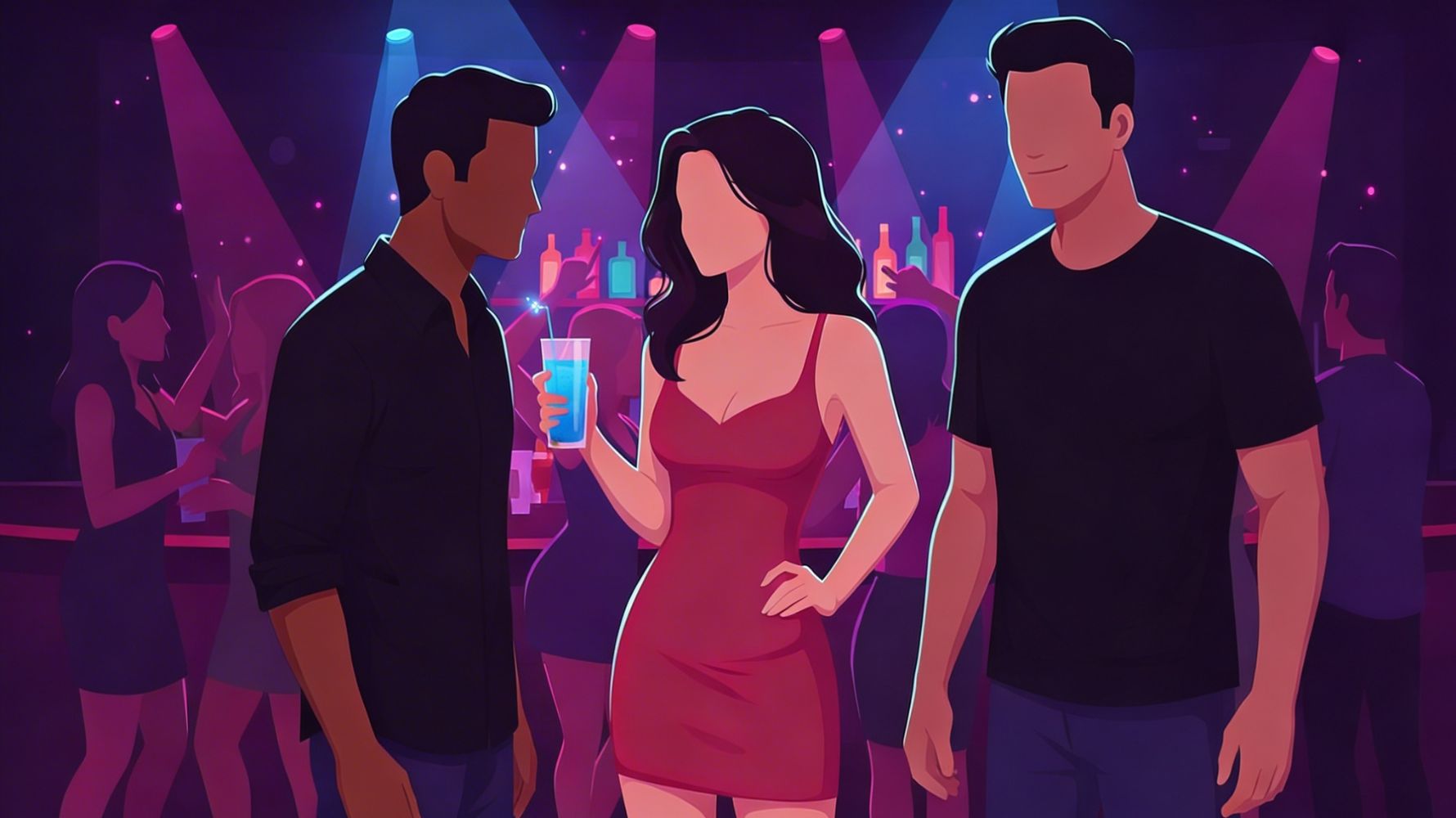 ilustração de mulher na balada com vestido vermelho e dois homens ao lado para ilustrar um conto erótico