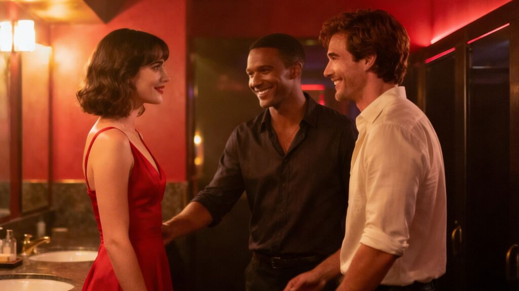 mulher de vestido vermelho com dois homens no banheiro